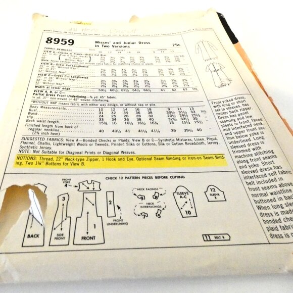 Vintage Sz 11 Misses Dress Pattern McCall's #8959 Bust 31 1/2 DIY 2 Version 60's - Picture 2 of 5